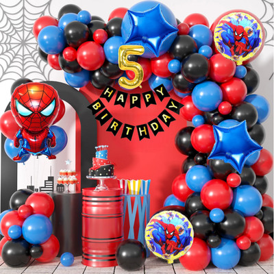 Aoes Spider-Man Theme 5th Birthday Decoration Kit Red Blue Black Balloons for Boys(Set of 54)