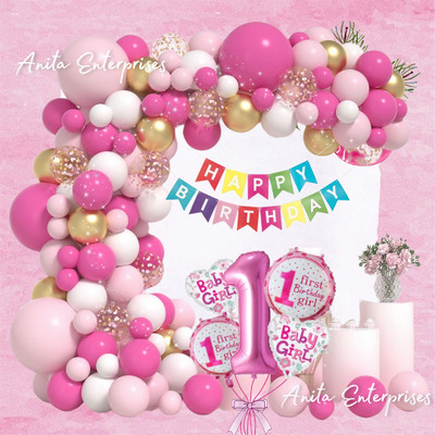 Anita Enterprises Cute 1st Birthday Decoration Items - For Girls(Set of 76)