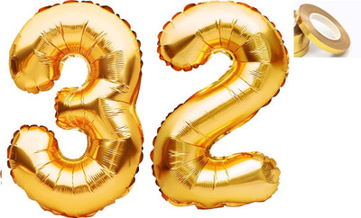 BBG BBG_Solid Golden '32' number Numerical Foil Balloon with Ribbon for Celebration(Set of 3)
