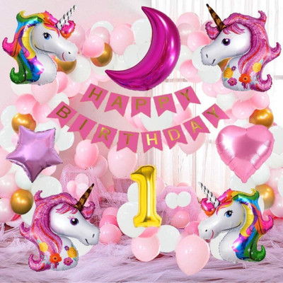 Kapoor stores Number 1 Gold Balloons with Unicorn Theme Birthday Decoration Kit Items for Girl(Set of 50)