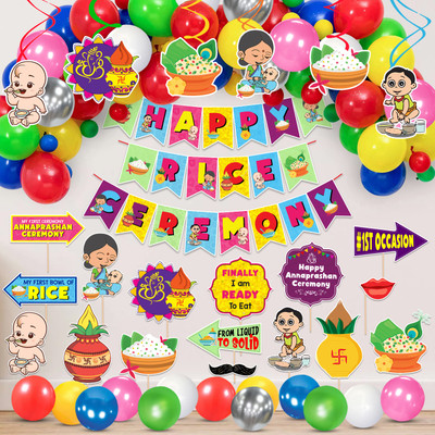 ZYOZI Annaprashan Swirls with Happy Rice Ceremony Banner & Balloon,Photo Booth Props(Set of 50)