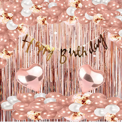 KHUSHDIN 55Pcs Rose Gold Birthday Decoration Combo with Banner & Balloons