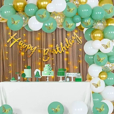 PARTY MIDLINKERZ Green Birthday Decoration Items Combo with White Net curtain and Led Light-78pcs(Set of 78)