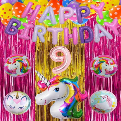 Crafty villa No 9 Rose Gold Balloons with Unicorn Theme Birthday Decoration Kit Item Set(Set of 44)