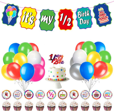 ZYOZIQUE Half Birthday Party Decorations-Banner,Cake CupCake Topper & Balloons 37 Pcs