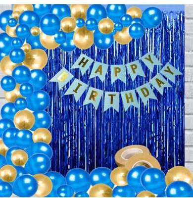 Prihit Happy Birthday Blue Banner 2 Shiny Fringes Curtain 50 Pcs Metallic Balloons(Set of 53)