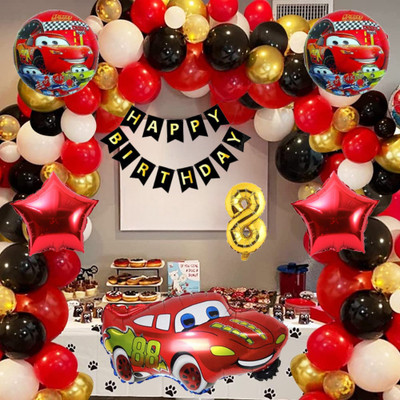 Aoes Cars Lightning McQueen 8th Birthday Decoration Kit Red & Black Balloons & Banner(Set of 59)