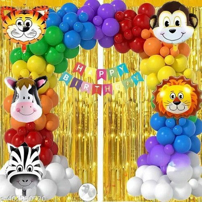 DECOR SPARKS 40pcs Jungle Theme Birthday Kit with Banner, Animal Foil & Multicolor Balloons