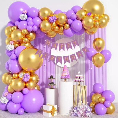 DECOR SPARKS 59pcs Birthday Decor with Banner, Pump & Golden Chrome, Dark Purple Balloons
