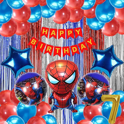 groovy dudz 7th Spiderman Theme Birthday Decoration Items Kit for Boys(Set of 52)
