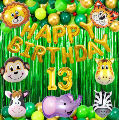 Prihit FK_N-No 13 Gold Balloons with Jungle Theme Birthday Kit Items Set for Kids(Set of 64)