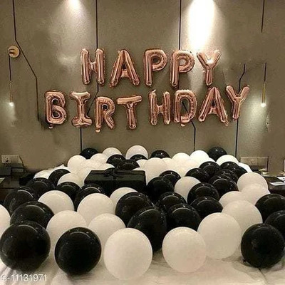 Pixelfox Happy Birthday Foil (ROSEGOLD) + 30 Metallic Balloons (Black, White)(Set of 43)