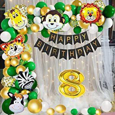 Prihit JUNGLE THEME 8th Birthday Party Decoration Kit with White Net curtain Backdrop(Set of 50)