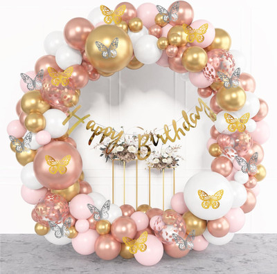 ANILOONS Rosegold & Golden Chrome Birthday Party Decoration Set.(Set of 82)