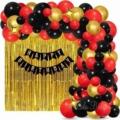 DECOR SPARKS 57pcs Birthday Kit with Banner, Star Foil, Curtains & Red, Black Balloons