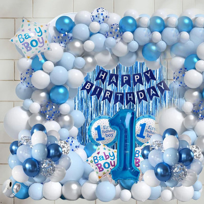 PARTY MIDLINKERZ 1 year first Baby Boy Birthday Decoration kit Combo items for Boys(Set of 59)