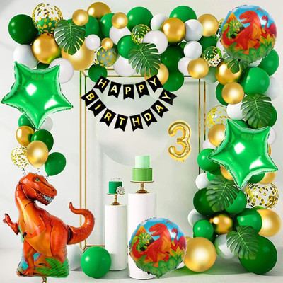 Aoes Dinosaur Theme 3rd Birthday Decoration Kit Green, Gold & White Balloon & Banner(Set of 58)