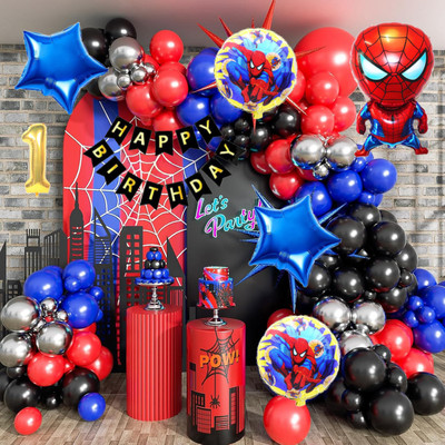 Aoes Spider-Man Theme 1st Birthday Decoration Kit Happy Birthday Banner & Balloons(Set of 59)