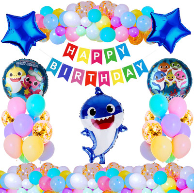 Crazykart Happy Birthday Baby Shark Theme Combo Kit For Party Decoration Items(Set of 36)