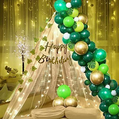 PARTY MIDLINKERZ Green and Gold Birthday Decoration Combo Kit With White net and Led Light(Set of 26)