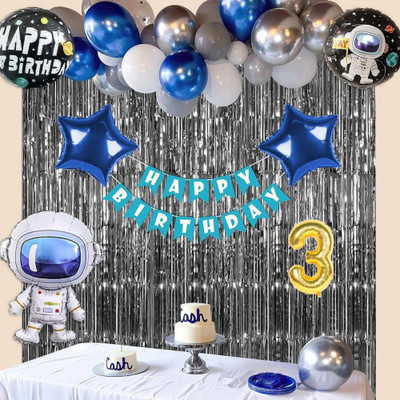 Aoes Astronaut Theme 3rd Birthday Decoration Kit with Balloons and Backdrop for Kids