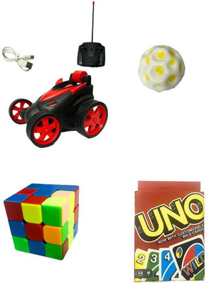 LAV Birthday Combo of Rechargeable Stunt Car, Uno Card, Rubiks Cube, Bounce Ball(Red)