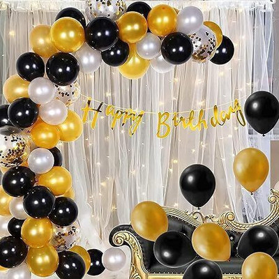 BBG BBG_Black and Gold Confetti Birthday Decoration Kit with White Net and Led Light(Set of 71)
