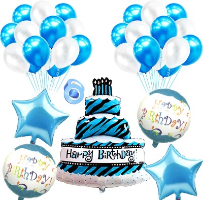 Happy Decoration Solid Happy Birthday Cake Shape Foil Balloon Combo for Little Kid Party Decoration Balloon(Blue, Pack of 37)