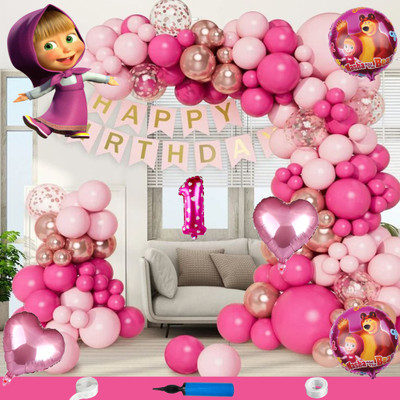 Crazykart Masha Theme 1st First Birthday Decoration Kit For Girls Party Balloon Combo Item(Set of 90)