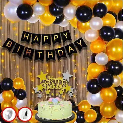 PARTY MIDLINKERZ Net Happy Birthday Decoration kit Combo - 65 Pcs with Led Light and Net Curtain(Set of 65)