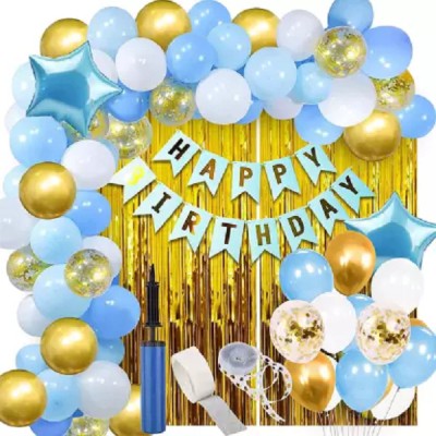 Millionminds Gold, Sky Blue And White Birthday Decoration Combo Items Kit(Set of 50)