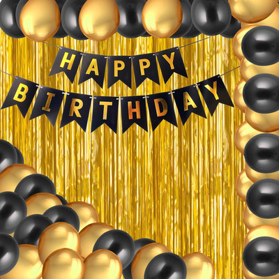 PARTY MIDLINKERZ Happy Birthday Balloons Decoration Kit 33 Pcs, 1 set of Happy Birthday banner and 30Pcs Golden and Black Metallic Balloons Set with 2Pcs of Golden Foil Curtain for Husband Kids Boys Balloons Decorations Items Combo with Helium Letters Foil Balloon Banner, Latex Metallic Balloons Bal