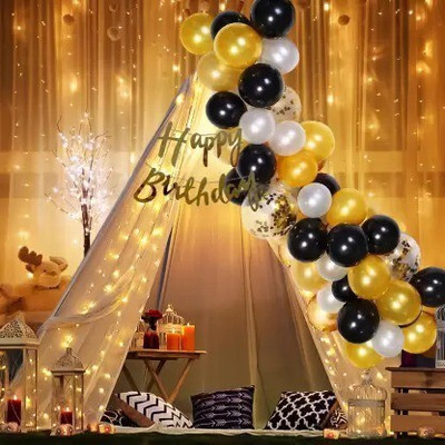 PARTY MIDLINKERZ Black and Gold Birthday Decoration Combo Kit with white net Curtain and Light(Set of 26)