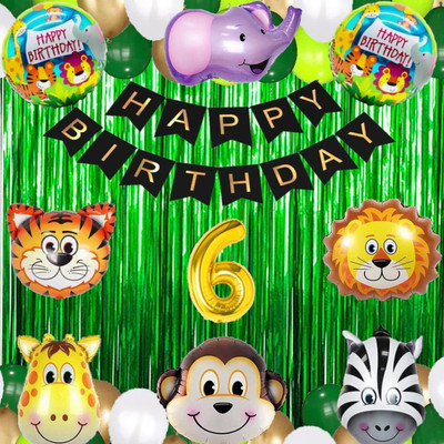 Kapoor stores No 6 Gold Balloons with Jungle Theme Birthday Decoration Kit Items Set for Kids(Set of 64)