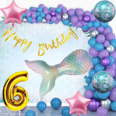 DECOR SPARKS 70Pcs 6Year Mermaid Tail Birthday Decoration Kit with Balloons, Banner
