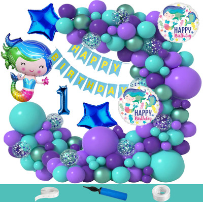 Crazykart Baby Mermaid First 1st Happy Birthday Decoration Kit Combo Pack For Party Items(Set of 110)