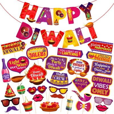 ZYOZI 31 Pieces Happy Diwali Party Photo Booth Props and Banner for Photoshoot Diwali(Set of 31)