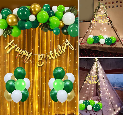 ARV Happy Birthday Decoration Set With White Net Decoration- 42Pcs Green & Golden(Set of 37)