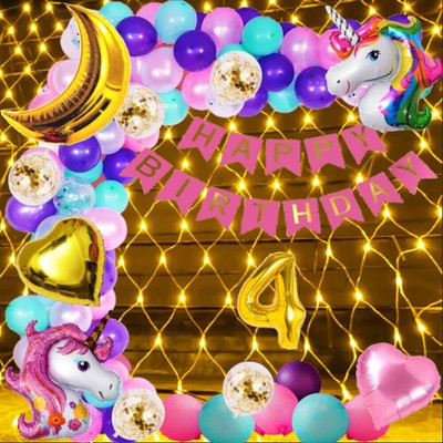 Kapoor stores No 4 Gold Balloons with Unicorn Theme Birthday Decoration Items Set Kit Girls(Set of 53)