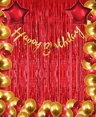 PARTY MIDLINKERZ Happy Birthday Banner, Curtain & Star Foil with Metallic Balloons Decoration Kit(Set of 35)