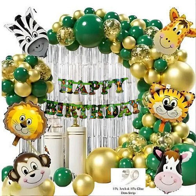DECOR SPARKS 61pcs Jungle Theme Birthday Decor with Banner, Foil Curtain & Green, Gold