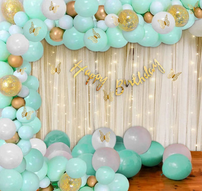 LitTOLS Mint Green Butterfly Theme Decoration Kit With White net Curtain and Led Light