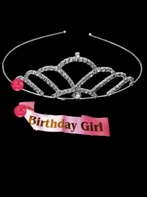 Orama Birthday Princess Pink Satin Sash Ribbon and Diamond Studded Crown XZ516(Set of 2)