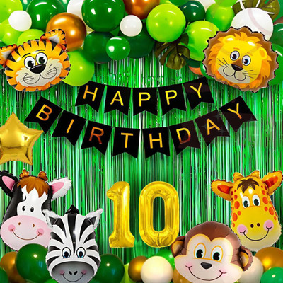 DECOR SPARKS 53Pcs 10Years Jungle Theme Birthday Decoration Set with Animal Balloons(Set of 1)