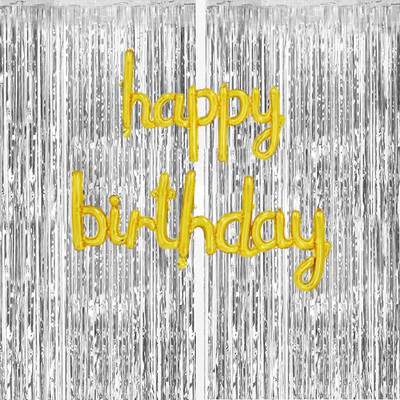 FLICK IN 2 Pcs Silver Tinsel Foil Fringe Curtain Backdrops Party Streamers and 1 Cursive Golden Happy Birthday Foil Balloons Reusable Banner for Birthdays Decor/Decoration Celebration (Pack of 3)