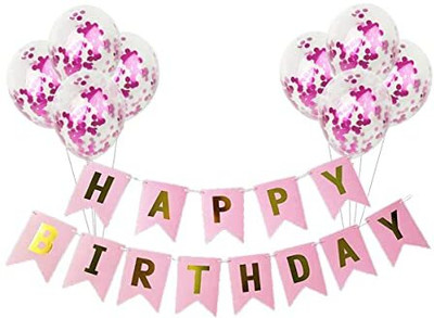 krido 9Pcs Pink Confetti Balloons & Happy Birthday Banner Combo(Set of 9)