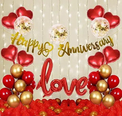 LitTOLS Red Golden Theme Anniversary Decoration Items Kit Combo For Husband & Wife