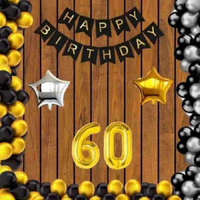 Acril Happy Birthday Black Letters with 30 Metallic Gold, Silver & Black Balloon-60 YR