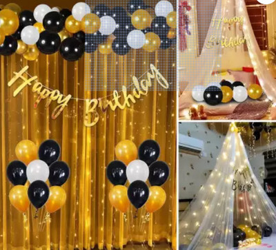PARTY BREEZE golden black net light happy birthdady decorations items combo kit set(Set of 37)