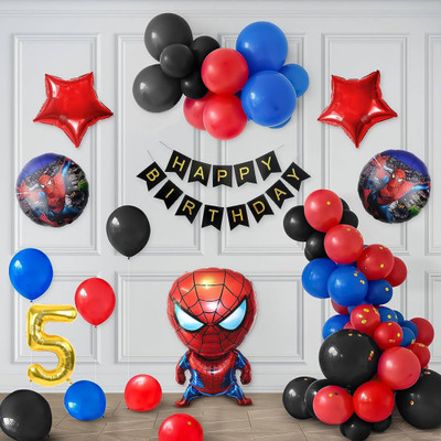 Aoes Spiderman Themed 5th Birthday Decoration Kit with Balloons and Banner For Boys(Set of 53)